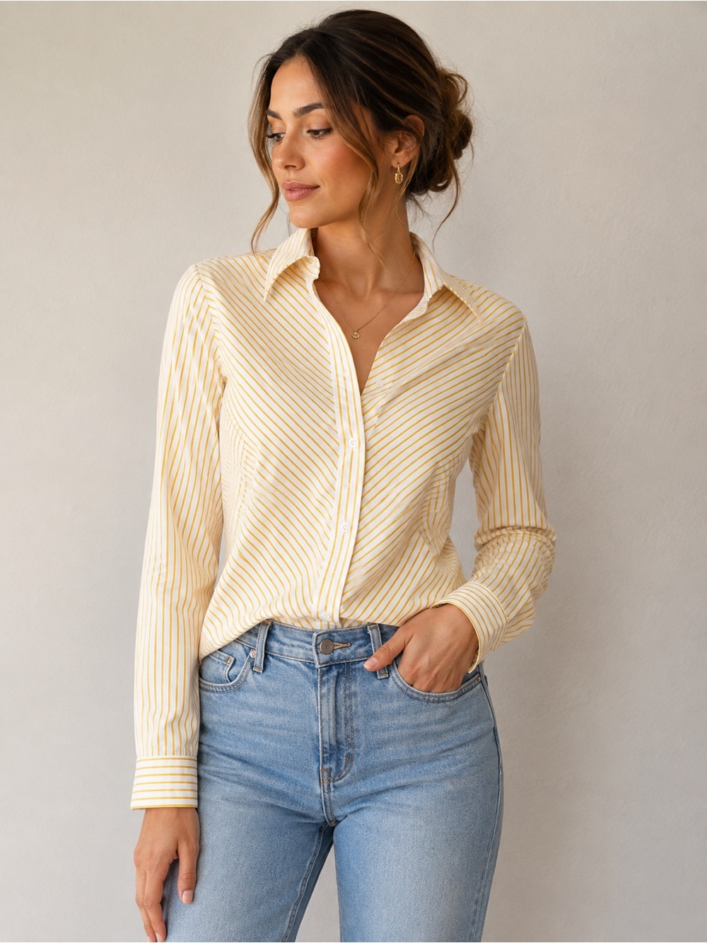 Lafayette 148 New York Pale Yellow Striped Button-Down Shirt
